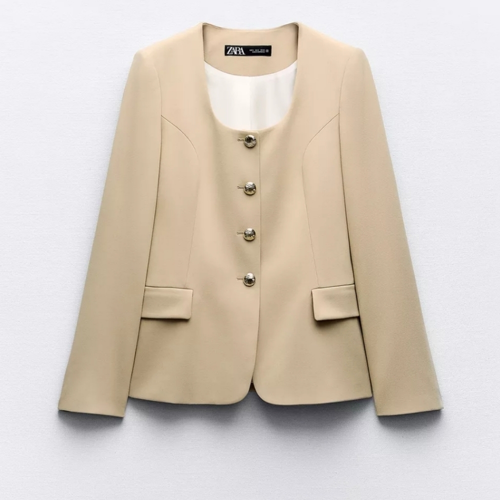 NEW Zara Beige round neck blazer Retro Structured Size XL Tik tok gold buttons - Picture 4 of 11